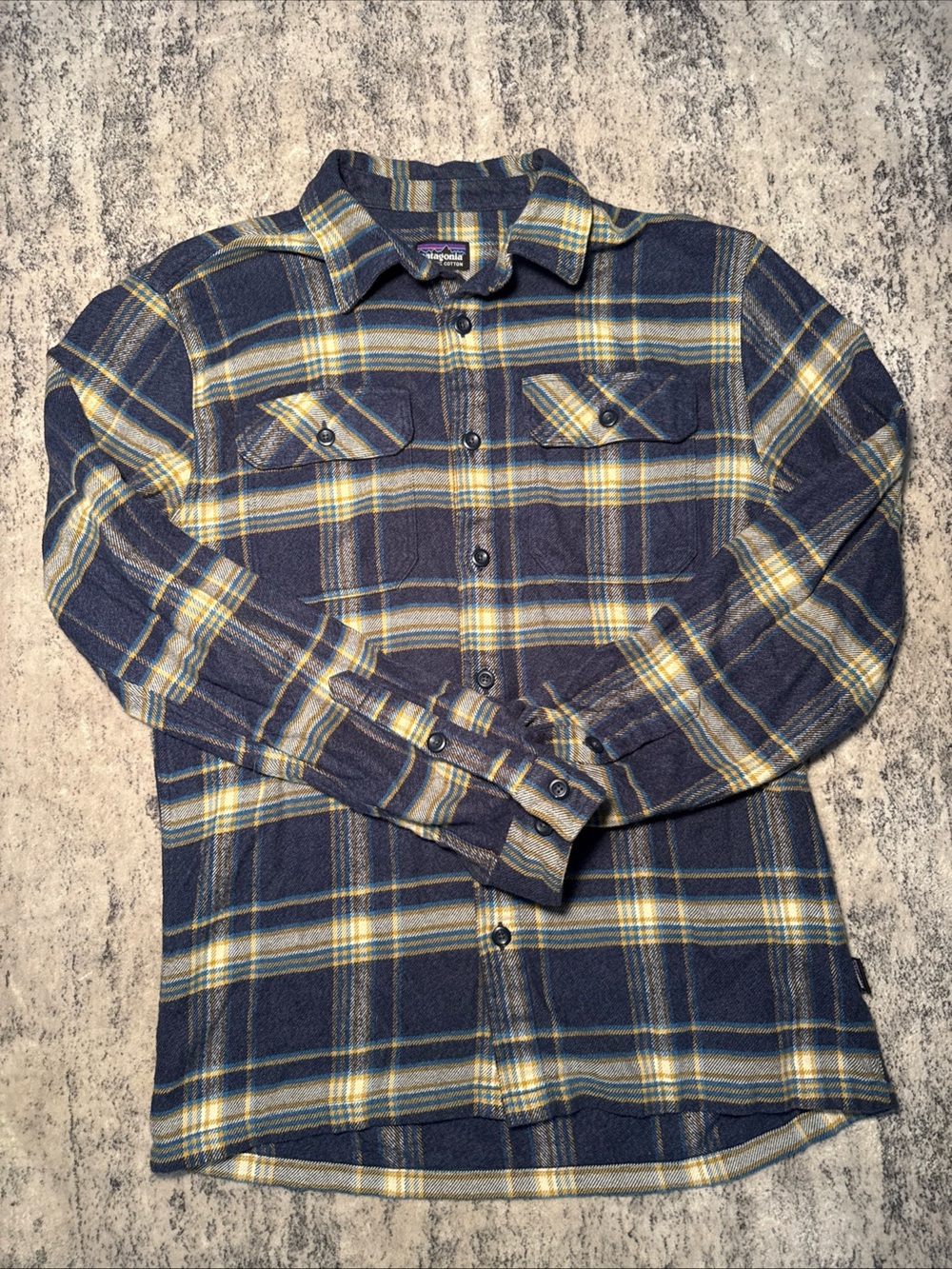Patagonia Men’s Navy and Yellow Plaid Button-Up Shirt